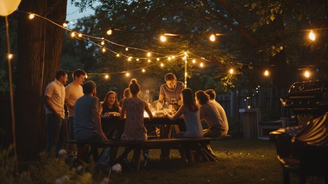 A warm, festive gathering of friends enjoying an evening meal at a garden table, illuminated by string lights under a tree.