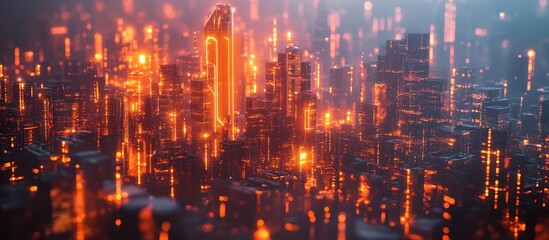 Fototapeta premium Futuristic Cityscape with Glowing Neon Lights and High-Rise Buildings at Night