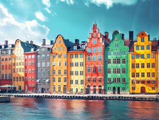 Vibrant buildings in a row with beautiful colors, creating a picturesque and charming cityscape.