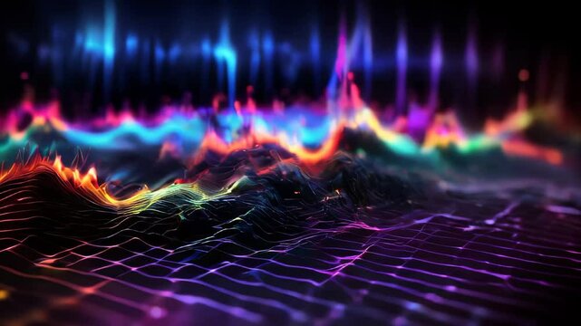 3D visualization of acoustic electrical sound signals in the form of luminous colored waves abstract background 