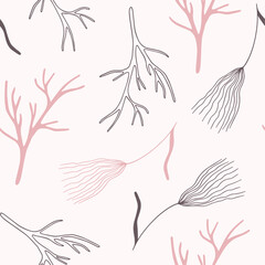 Floral doodle seamless pattern in pastel natural shades with feather grass and tree branches