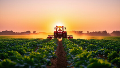 Obraz premium A wide-angle view of a modern red tractor working in a vast, green agricultural field during sunset