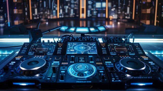 DJ booth with holographic visuals, bokeh effect and futuristic vibe