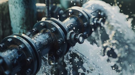 Close-up of water dramatically bursting from an industrial pipe, glistening droplets captured mid-air, illustrating an intense moment of pressure release.