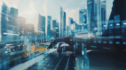 A dynamic hand typing on a laptop, integrated with a bustling cityscape, symbolizes the intersection of modern technology and urban life.