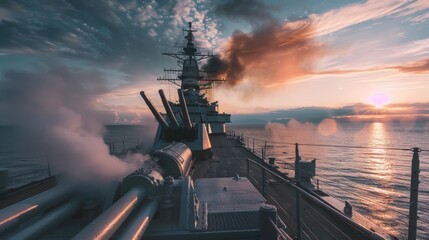 A dramatic view of a battleship at sea during sunset, with heavy smoke billowing from its guns and fiery orange clouds in the sky.