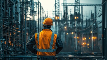 Fototapeta premium Industrial Worker in Safety Gear Overlooking a Power Plant at Dusk with Illuminated Machinery and Structures