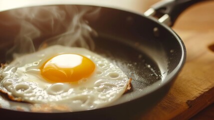 A perfectly cooked sunny-side-up egg sizzles in a black frying pan, its golden yolk contrasting with the crispy edges of the egg white.