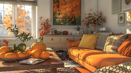 Cozy fall themed living room with ornaments of oranges and harvest blossoms