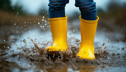 A joyful, close-up shot of a child wearing bright yellow rain boots, captured mid-jump as they splash
