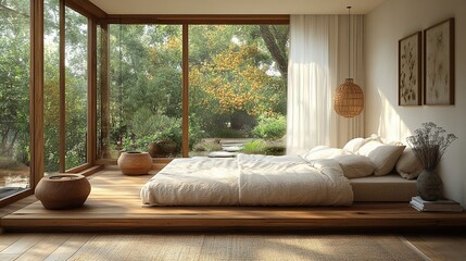 Minimalist Zen Bedroom with Floor Bed and Garden View: A tranquil and serene bedroom with a wooden floor bed, large windows showcasing a lush garden, and a minimalist design with earthy tones and natu