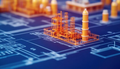 Industrial structure blueprint with exploded view and analytical details, emphasizing construction integrity and design