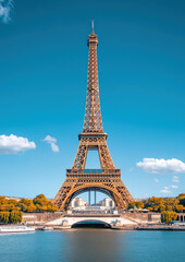 Obraz premium The Eiffel Tower viewed from the Seine River, capturing its majestic presence in the heart of Paris. 