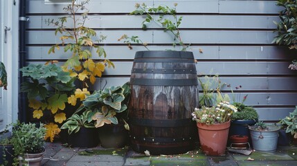 Obraz premium A cozy corner garden with a large barrel surrounded by an assortment of potted plants and flowers, conveying a sense of homey tranquility.