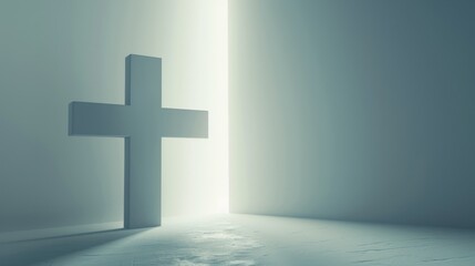 Obraz premium A solitary cross illuminated by a celestial beam of light, symbolizing faith, hope, and serenity in a minimalist space.