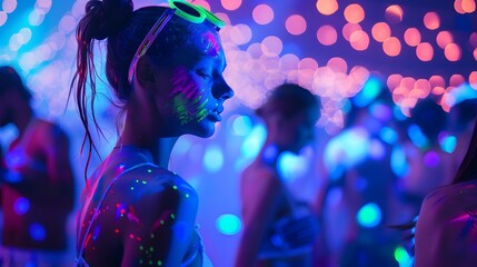 Rave dancers with neon paint, bokeh effect and beautiful mind style