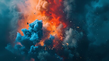 Fototapeta premium A spectacular burst of flames and smoke creates an explosive, vivid display of colors against a stark backdrop, capturing a dramatic moment of destruction.