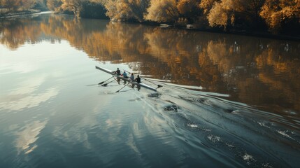 A quad team rows in perfect sync down a reflective river, framed by the golden hues of autumn foliage.