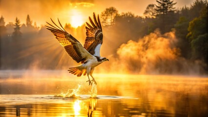 Obraz premium Rising sun casts warm glow on the lake, a majestic Osprey spreads its wings, rippling the surface, a tranquil scene of aerial mastery.