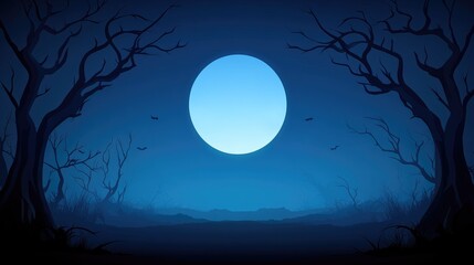Fototapeta premium A haunting full moon in a dark, eerie forest creates a spooky, atmospheric scene perfect for Halloween themes and mysterious backdrops.