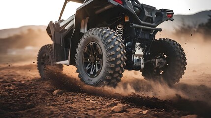 ATV Wheels Kicking Up Dust on Desert Offroad, Quad Bike Adventure in Desert Offroad Terrain, ATV Quad Bike Wheels in Action on Desert Trails