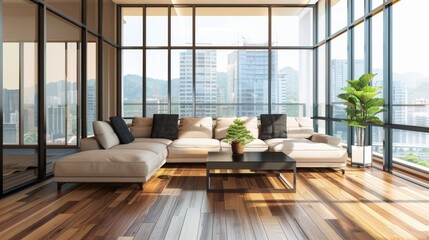 Fototapeta premium Sunlit urban apartment living room with modern furniture, large windows, and a cityscape view, exuding comfort and style.