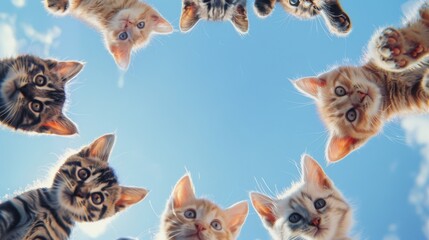 Obraz premium A group of curious kittens peer down, forming a circle against a bright blue sky, radiating warmth and curiosity.