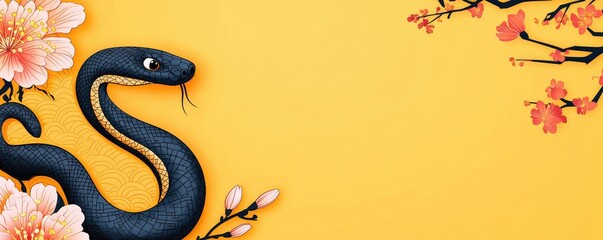 Artistic illustration of a black snake surrounded by pink flowers and petals on a vibrant yellow background.