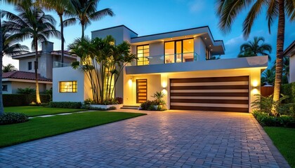Fototapeta premium Luxurious modern home in Miami featuring a brick driveway and lush landscaping with palm trees.