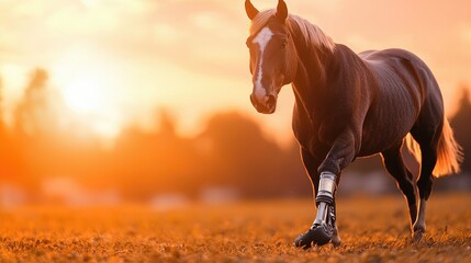 Fototapeta premium Beautiful horse with prosthetic leg walking in a serene field at sunset, showcasing resilience and beauty in nature.