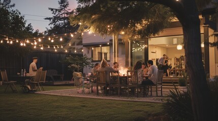 A tranquil backyard scene with friends and family enjoying a cozy evening around a fire pit, surrounded by string lights and a warm atmosphere.