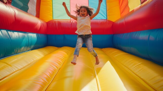 A young girl joyfully jumping inside a colorful, inflatable bouncy castle, embodying childhood fun and energy. - Powered by Adobe
