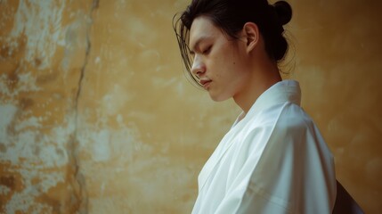 Obraz premium A serene young man in a white robe stands against a textured wall, exuding tranquility and contemplation.