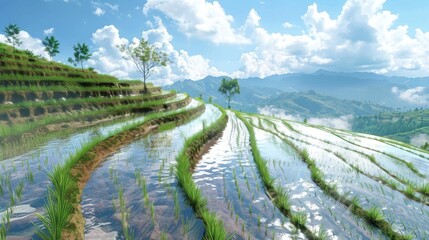 Naklejka premium Serene Reflections Vibrant Blue Sky Over Terraced Rice Paddies