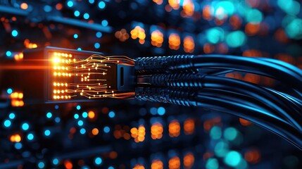 Close-up of data cables connected to a server. Concept of high-speed internet, data transfer, and modern communication technologies.