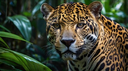 Obraz premium Jaguar face in lush tropical jungle, close-up
