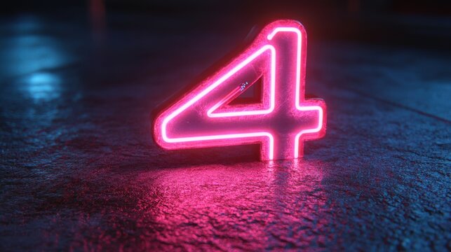 3d render neon number four glowing in the dark with ultraviolet light pink blue gradient laser ray