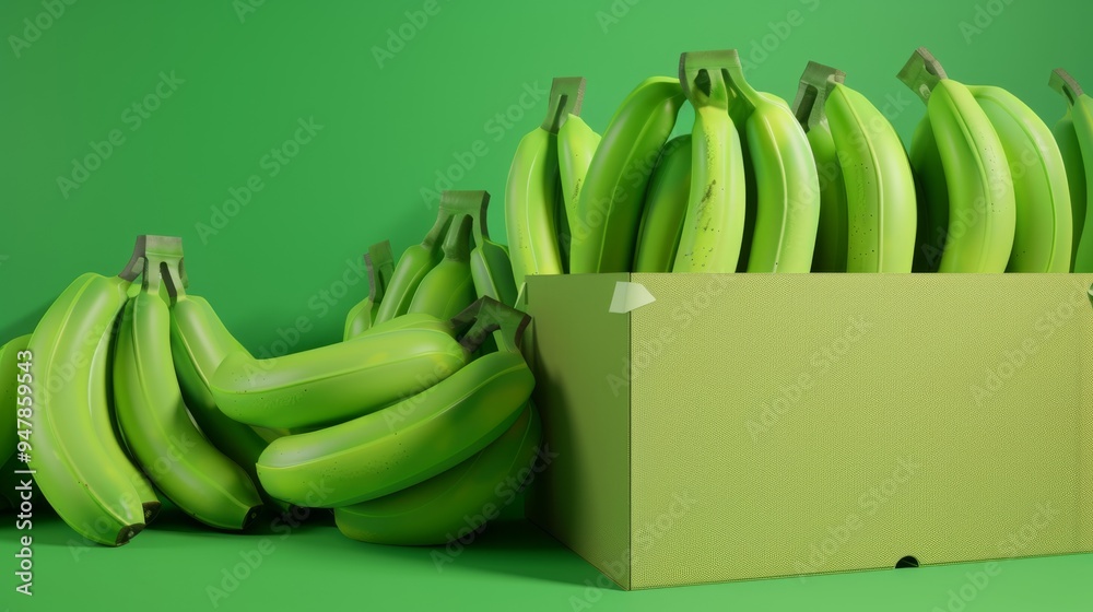 Sticker Vibrantly green bananas are stacked in a box against a matching green backdrop, presenting a monochromatic and fresh composition.