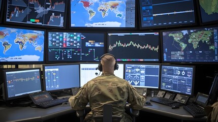 Soldier in Military Control Room with Headphones and Laptop, Military Control Room: Soldier Monitoring on Laptop, Soldier Using Laptop in High-Tech Military Control Room
