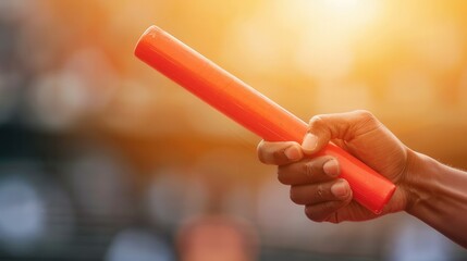 Baton Exchange in Sunlit Relay, vivid transfer of energy, dynamic movement, athletes in motion, spotlight on teamwork, capturing the essence of competitive spirit