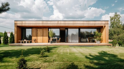 A modern, beautifully designed wooden house with large windows, nestled in a lush green garden under a partly cloudy sky.
