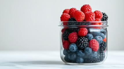 Fresh raspberries and blueberries in a glass bowl, a healthy and sweet summer treat