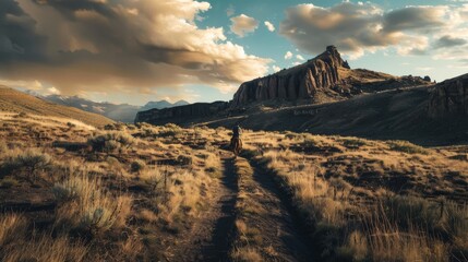 Fototapeta premium A lone horse rider traverses a rugged trail through expansive, sunlit terrain beneath a dramatic sky, with majestic rock formations in the distance.