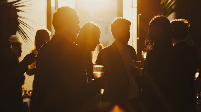 A group of people relax with drinks in hand, backlit by warm, golden light filtering through large windows in a lively, social gathering.