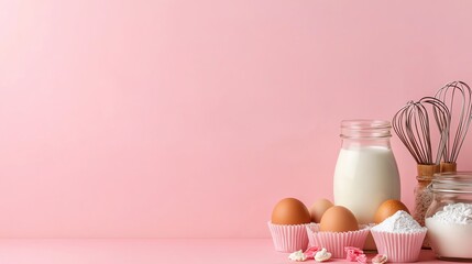 Pastelthemed baking setup on a pink background