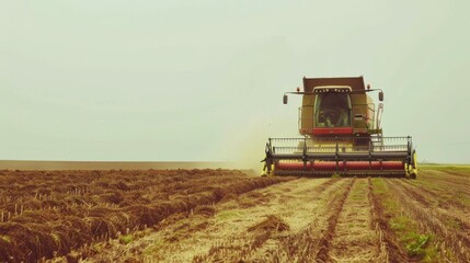 Fototapeta premium A combine harvester operates in a vast, sunlit field, reaping crops and leaving neat rows of harvested land behind.