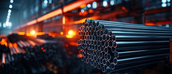 Highresolution image of aluminum extrusion bars in a warehouse, meticulously rendered with attention to detail, showcasing the industrial setting, with ample copy space for text