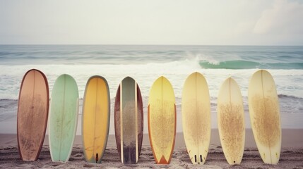 A row of surfboards of various colors and designs stands on a sandy beach with gentle waves in the background, embodying the beach lifestyle.