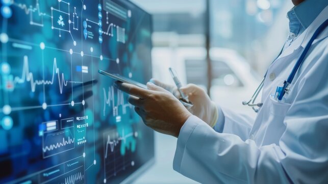 A doctor examines multiple health data on a digital screen, embodying modern medical practices and the role of digital technology in healthcare.