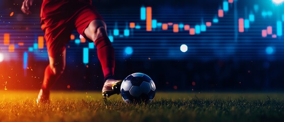 Low angle shot of a soccer player striking a ball on a grassy field